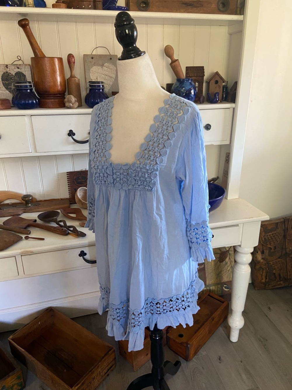 Light Blue Crochet-Trim Peasant Tunic Top - Women